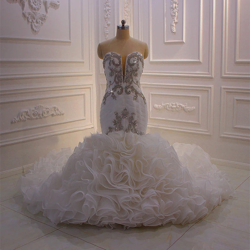 Jancember AM561 Modest V-Neck Sleeveless Crystal Ruffles Lace up Mermaid Edding Dresses