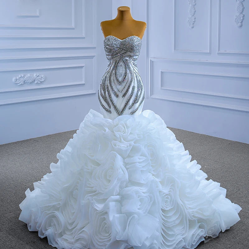 Jancember Heavy Beaded off Shoulder Crystal Ruffle Mermaid Wedding Women's Dress RSM67365