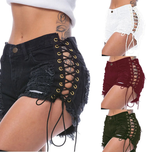 2025 New Woman Summer Ripped Side Bandage Denim Shorts Fashion Sexy Jeans Shorts Bar DJ Clothing Shorts