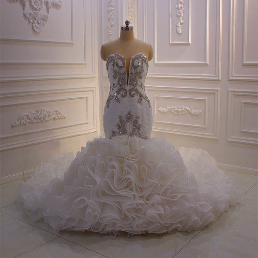 Jancember AM561 Modest V-Neck Sleeveless Crystal Ruffles Lace up Mermaid Edding Dresses