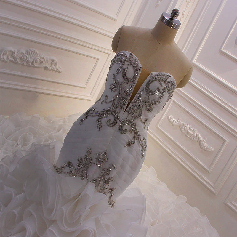 Jancember AM561 Modest V-Neck Sleeveless Crystal Ruffles Lace up Mermaid Edding Dresses