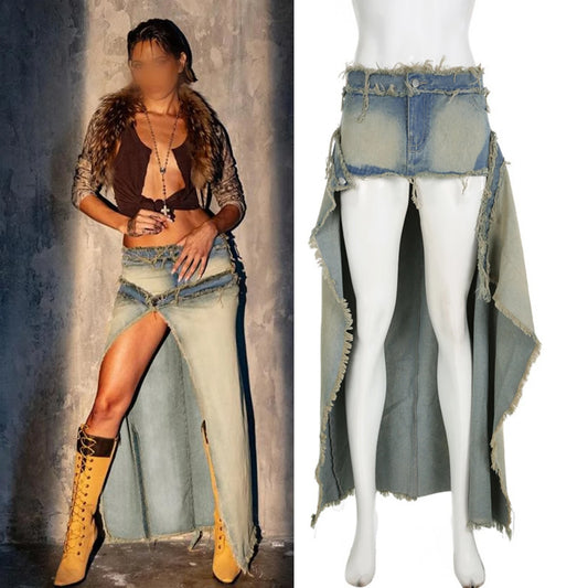 Kj10340 Spring 2024 New Women's Denim Skirt Washed Zipper Patchwork Detachable Fashion Skirt Jeans Women's Denim Clothing