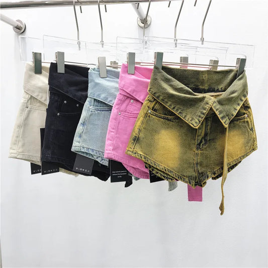 Fashionable Ruffled Waist Belt Denim Shorts for Women 2024 Pocket Loose Slim High Waist Wide Leg Hot Pants