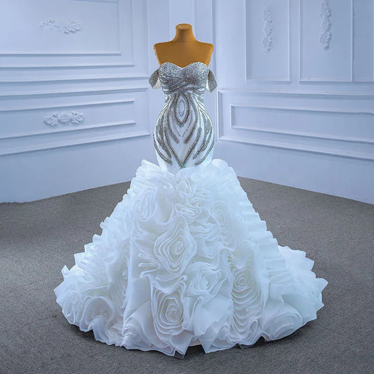 Jancember Heavy Beaded off Shoulder Crystal Ruffle Mermaid Wedding Women's Dress RSM67365