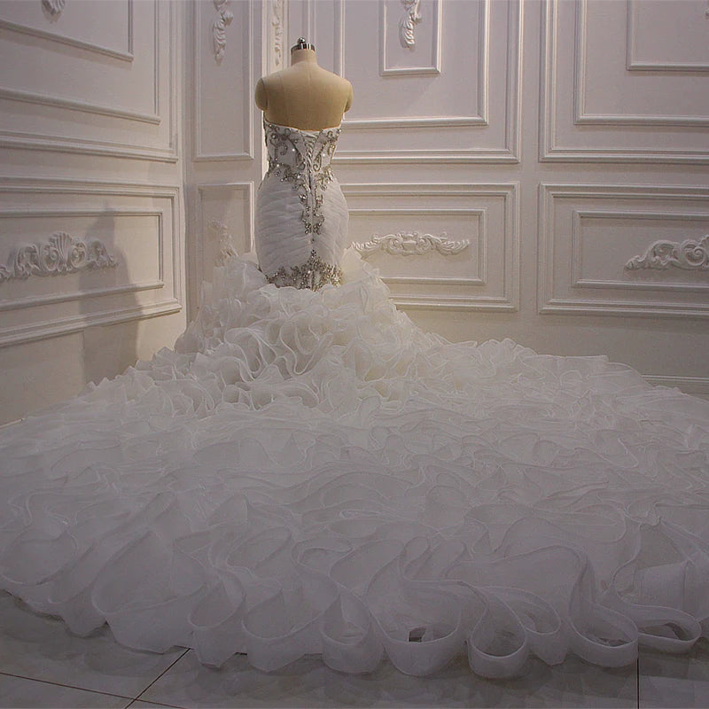 Jancember AM561 Modest V-Neck Sleeveless Crystal Ruffles Lace up Mermaid Edding Dresses