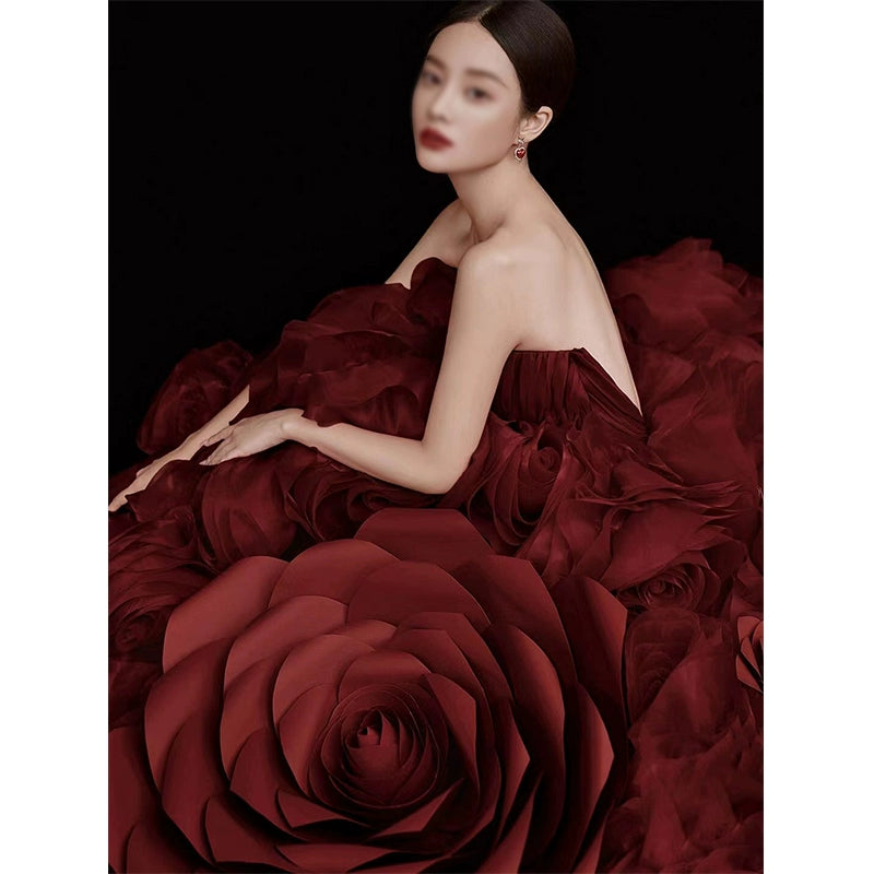 New New Arrival Photo Studio Theme Wedding Dress Clothing Photography Colored Mesh French Tube Top Dress Heavy Industry Fancy Wine Red