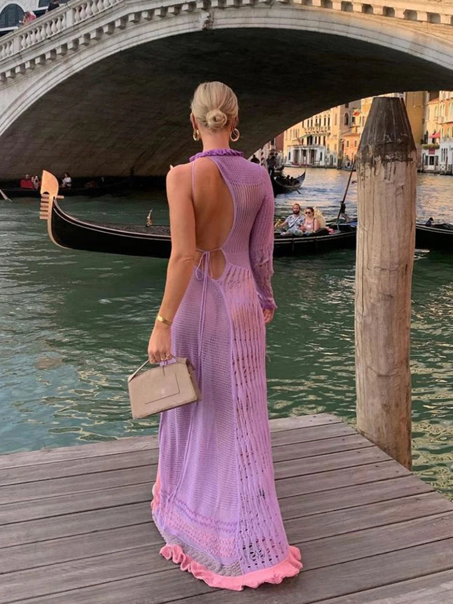 Contrast Color Hollow-Out Knit Beach Long Dress 2023 Summer See-Through One-Shoulder Long Sleeve Halter Tie-up Cover-Ups Dress