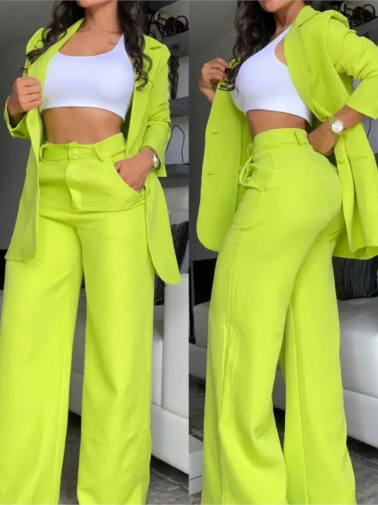 Woman Elegant Blazer Sets New Autumn Fashion Women's Notched Collar Coat + Pocket Design Pants Set Work Commuting Two Piece Suit