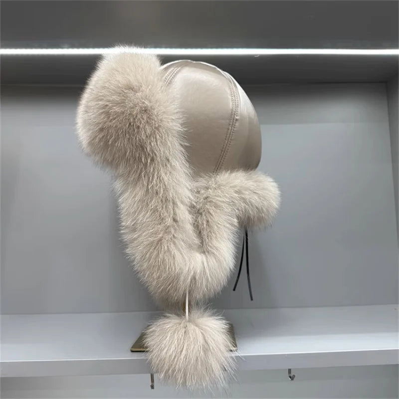 Ms.MinShu Unisex Winter Adjustable Earflap Genuine Black Fox Fur Hat with Sheep leather