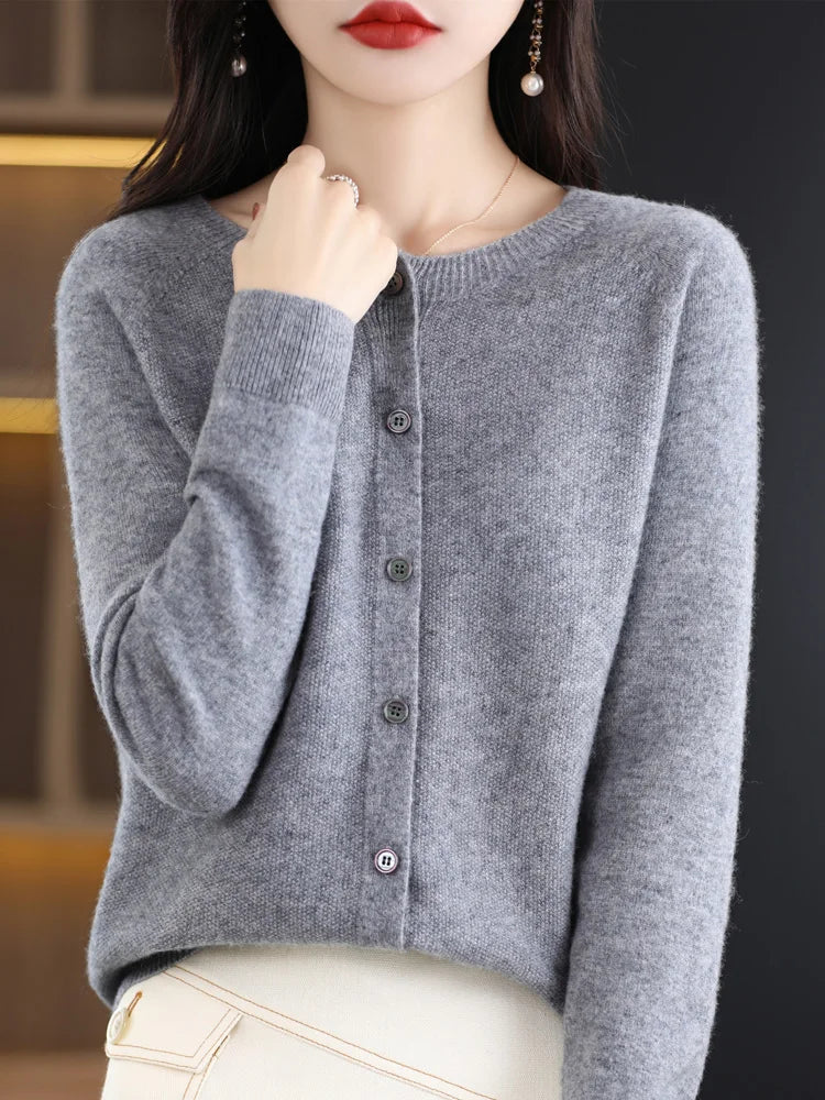 New Fashion Spring 100% Merino Wool Womens O-neck Cardigan Cashmere Sweater 2024 Female Clothing Grace Knitwear Korean Tops