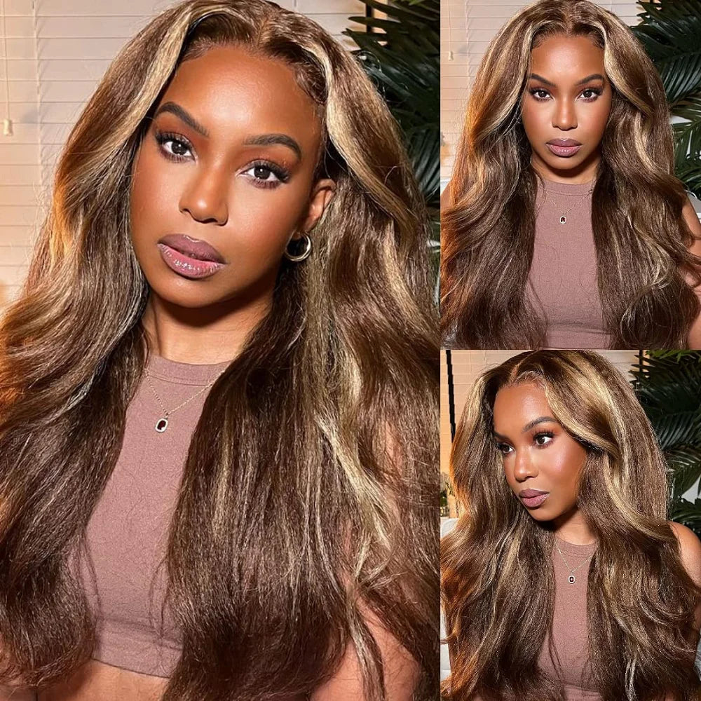4/27 Kinky Straight 13x6 Lace Frontal Human Hair Wigs For Women Blonde Brown Piano Color 13x4 Lace Front Wig PrePlucked Yaki Wig