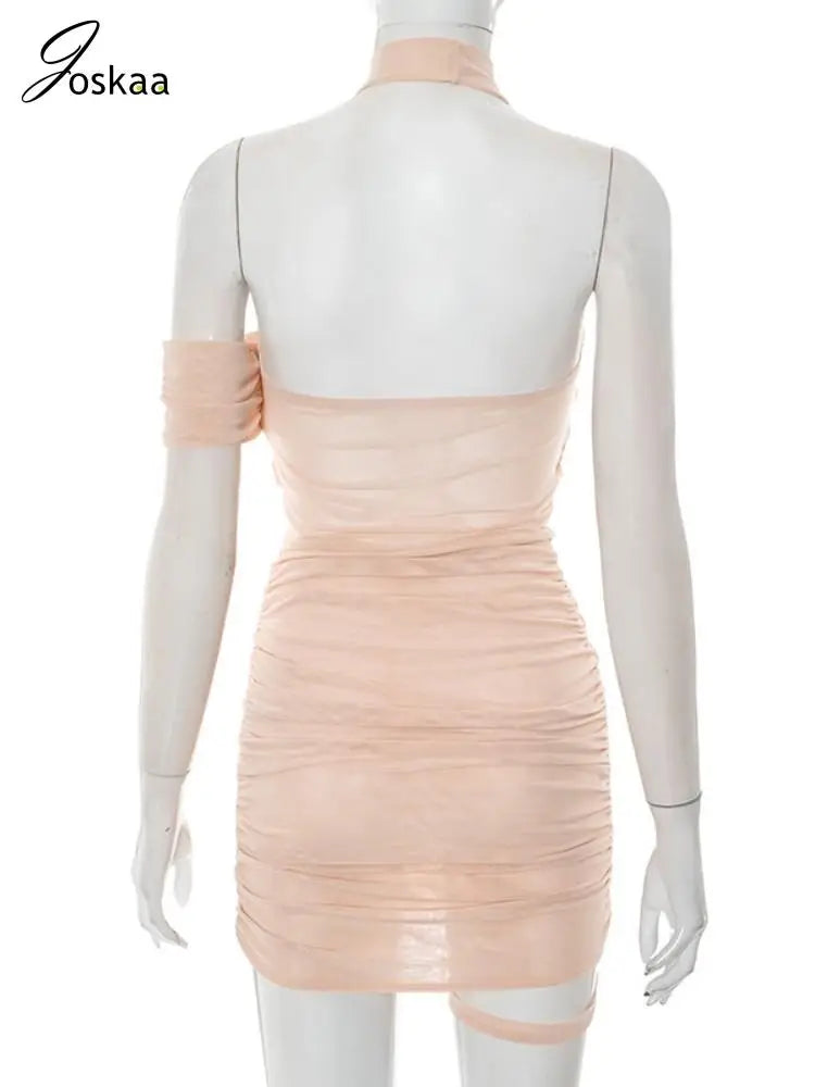 Joskaa 2025 Summer Women's Sexy Halter Backless Body-Shaping Asymmetrical Mesh Pleated Mini Dress Holiday Beach Party Clubwear