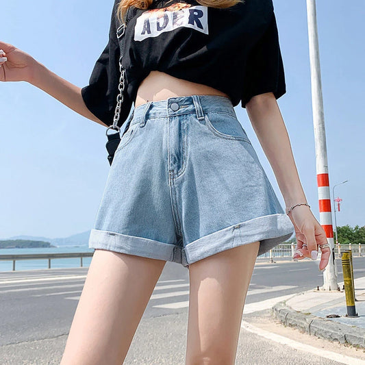 Blue Denim Shorts for Women's Summer 2025 New Fashion High Waisted A-line Hot Pants Solid Color Leisure Korean Women's Shorts