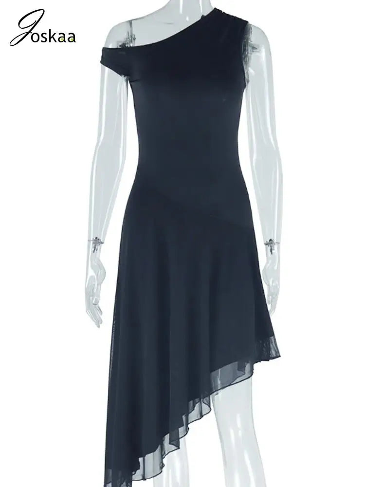 Joskaa Elegant Solid Skew Collar Irregular Party Dresses Women Sexy One Shoulder Bodycon Vacation Dress Summer Holiday Clothing