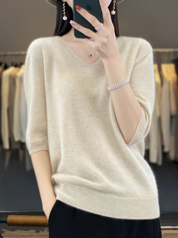 Women V-Neck 100% Merino Wool Cashmere T-shirt Half-Sleeve Pullover Sweater Spring Summer Knitwear Soft Fashion Comfortable Tops
