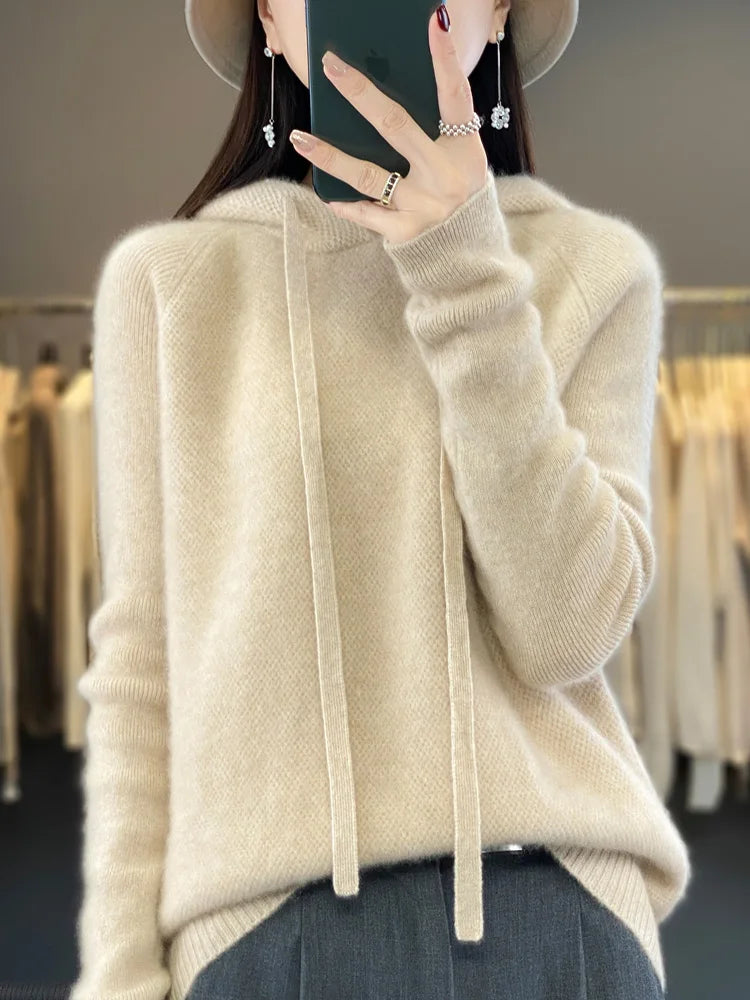 Autumn Winter Women's Cashmere Hooded Pullover Thick Sweater Raglan Sleeve 100% Merino Wool Knitwear Warm Casual Comfortable Top