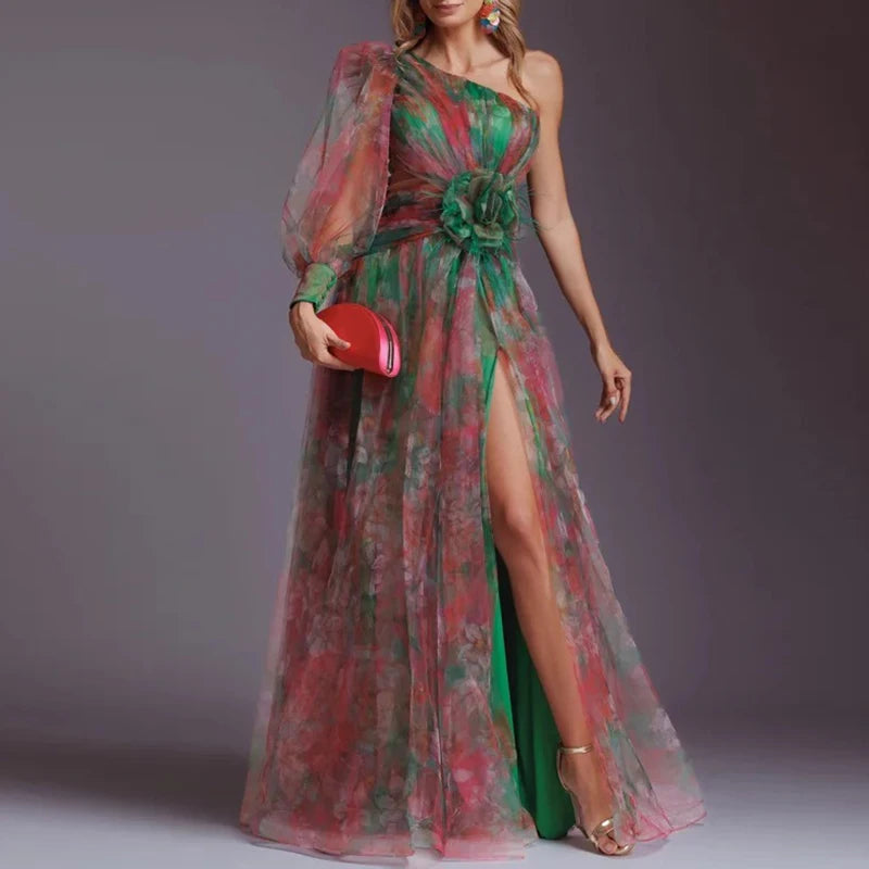 Women Elegant Split Hollow Party Dress Fashion Contrast Print Mesh Maxi Dress Sexy One Shoulder Long Sleeve Irregular Long Dress