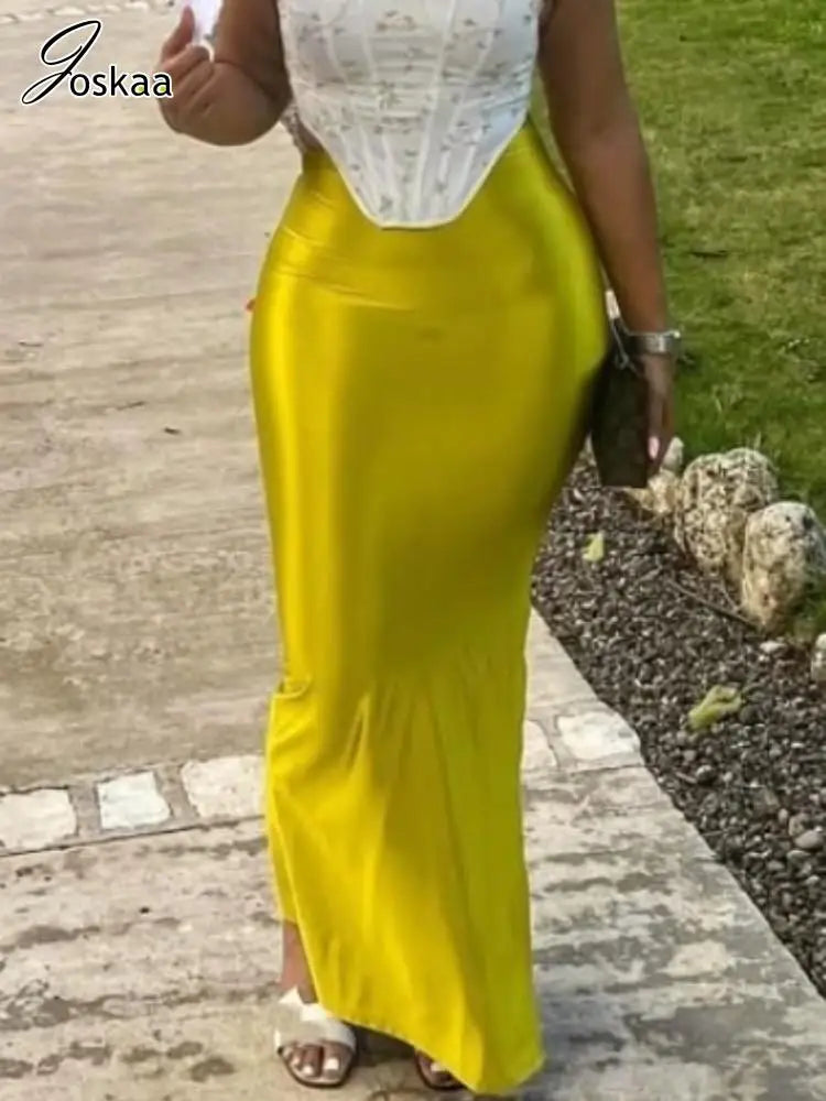 Joskaa Women's 2025 Summer Shiny High Waist Hip Skirt Sexy Side Slit Bodycon Maxi Skirts Luxury Evening Club Bottoms Beachwear