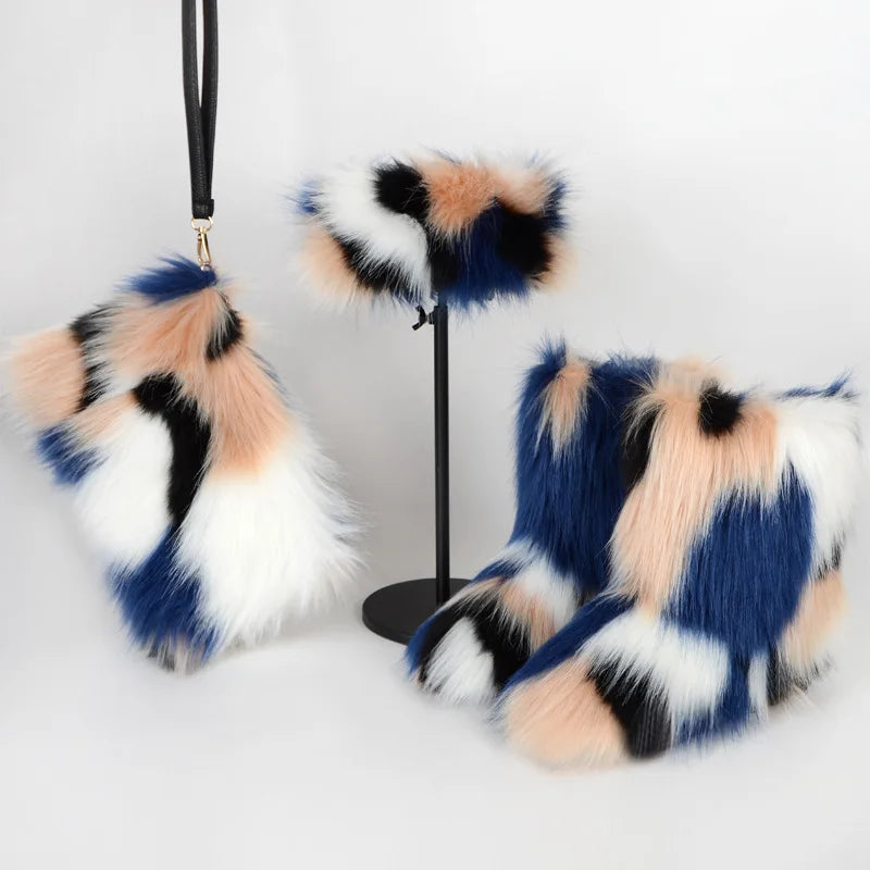 Women High Quality Fur Snow Boots One Fur Plus Velvet Thick Plus Size Snow Boots Headband Clutch Bag Imitation Fox Fur Boots Set