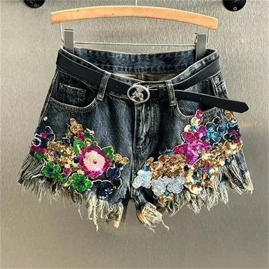 2025 Female Sequin Floral Print Denim Shorts Streetwear Women's Vintage High Waist Wide Leg Short Jeans Female Summer New Shorts