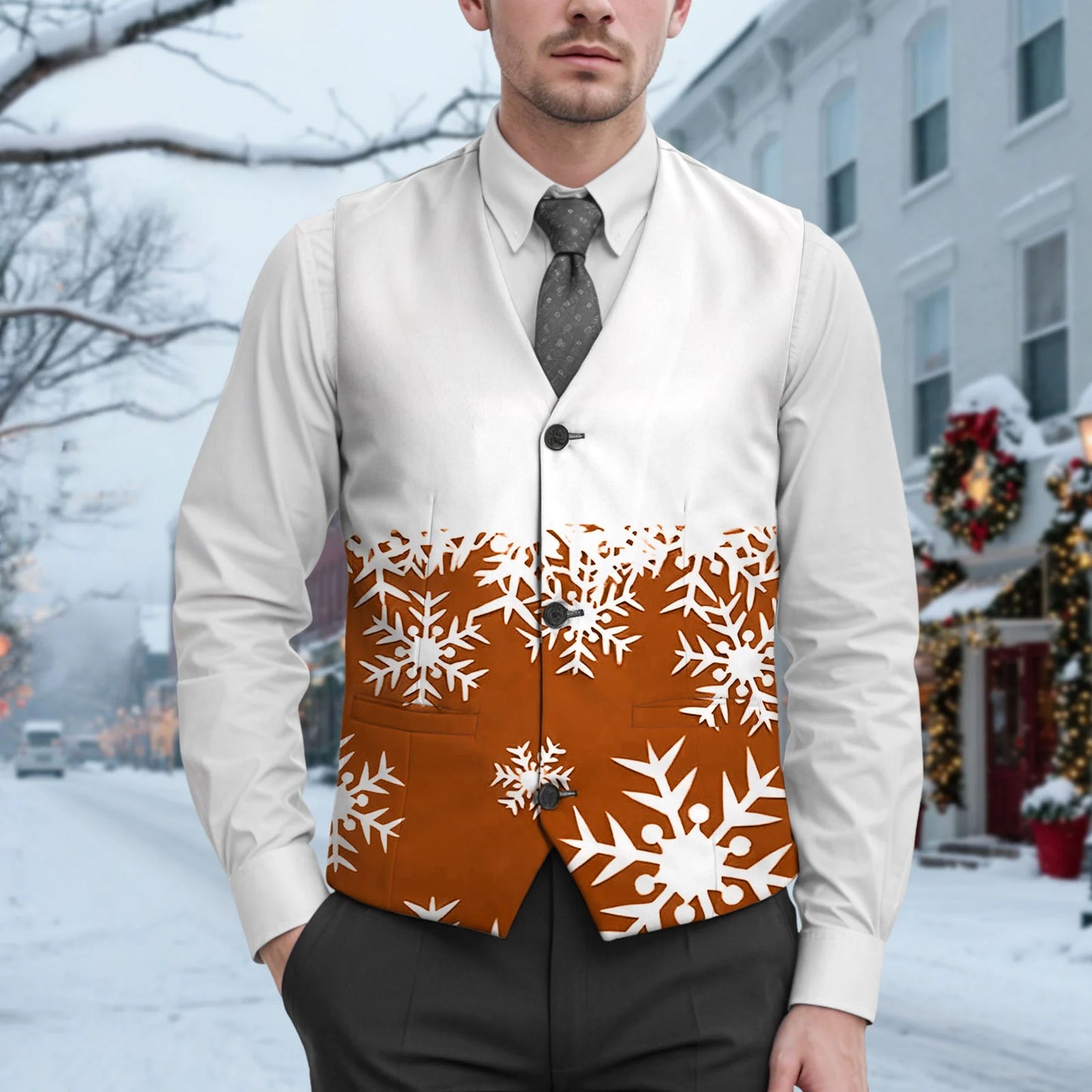 Christmas Snowflake Print Suit Vest Jacket Men'S V Neck Button Pocket Slim Suit Vest Jacket Exquisite Men'S Outerwear Coat