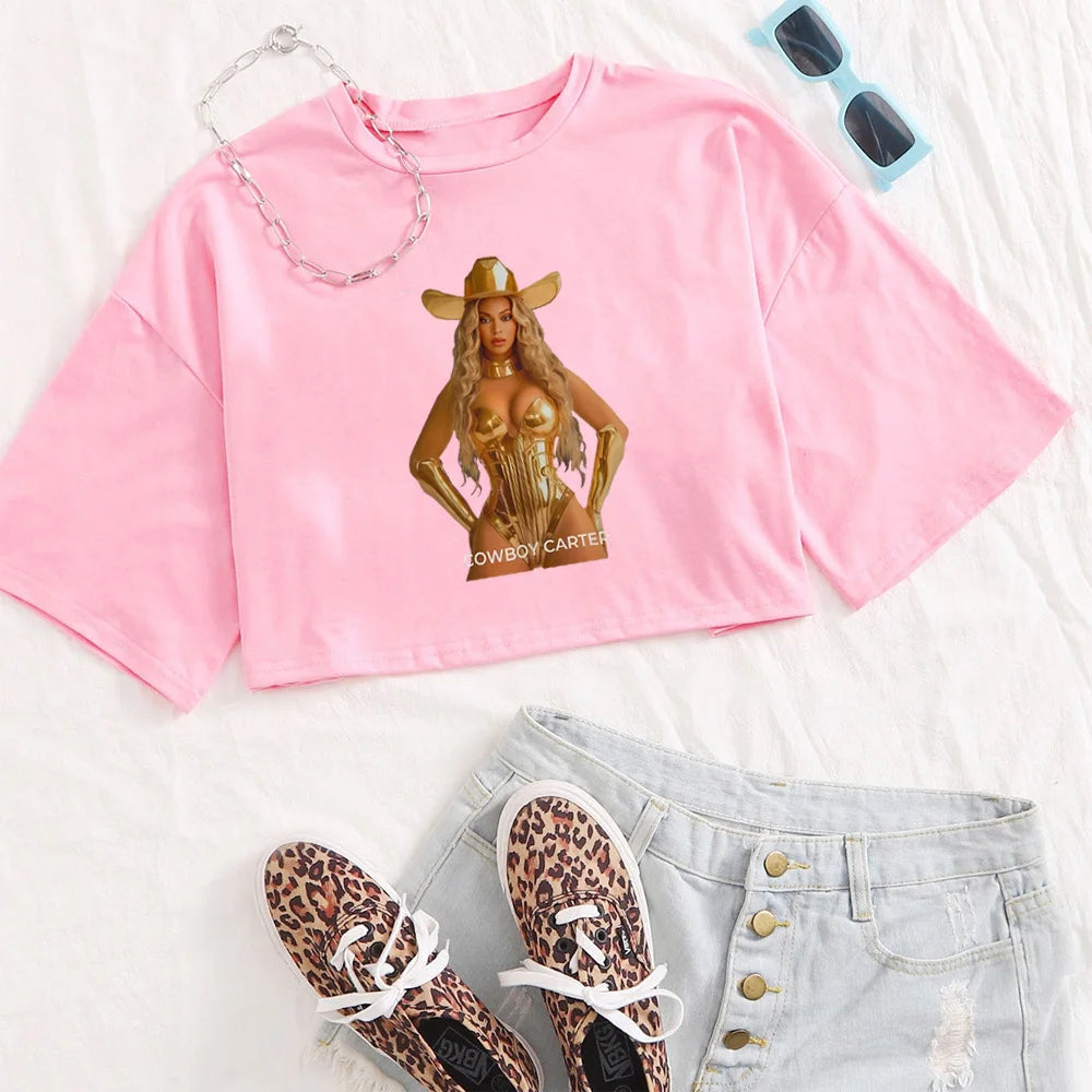 Beyonce Cowboy Carter Act Shirt for Girls Fashion O-Neck Casual Women Y2K Crop Top