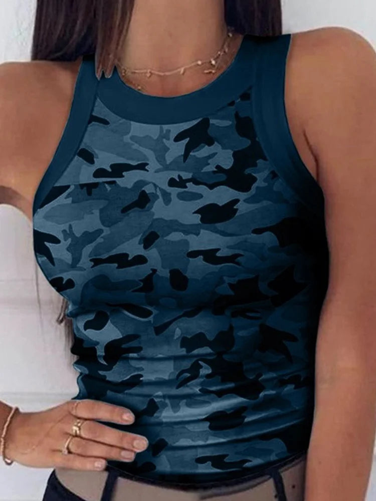 Summer Basic Elastic Tank Top Digital Printing T-shirt Women's O Neck Racerback Sexy Tank Top Stripe Print Sleeveless Tank Top