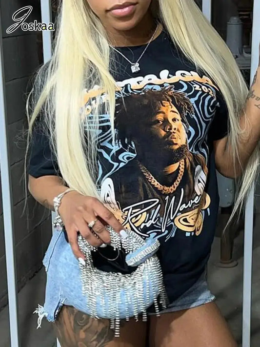 Joskaa Portrait Printing Y2K T Shirts Women Hipster O-Neck Short Sleeve Black Tops 2025 Summer Graphic Tees Harajuku Streetwear