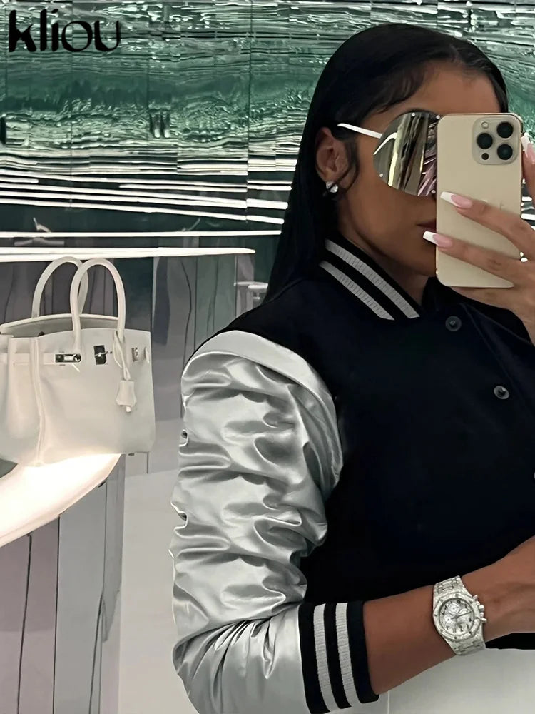 Kliou Letter Shape Patchwork Coats Women Casual Classic Panelled Long Sleeve Single Breasted Croped Jacket Female Street Outwear