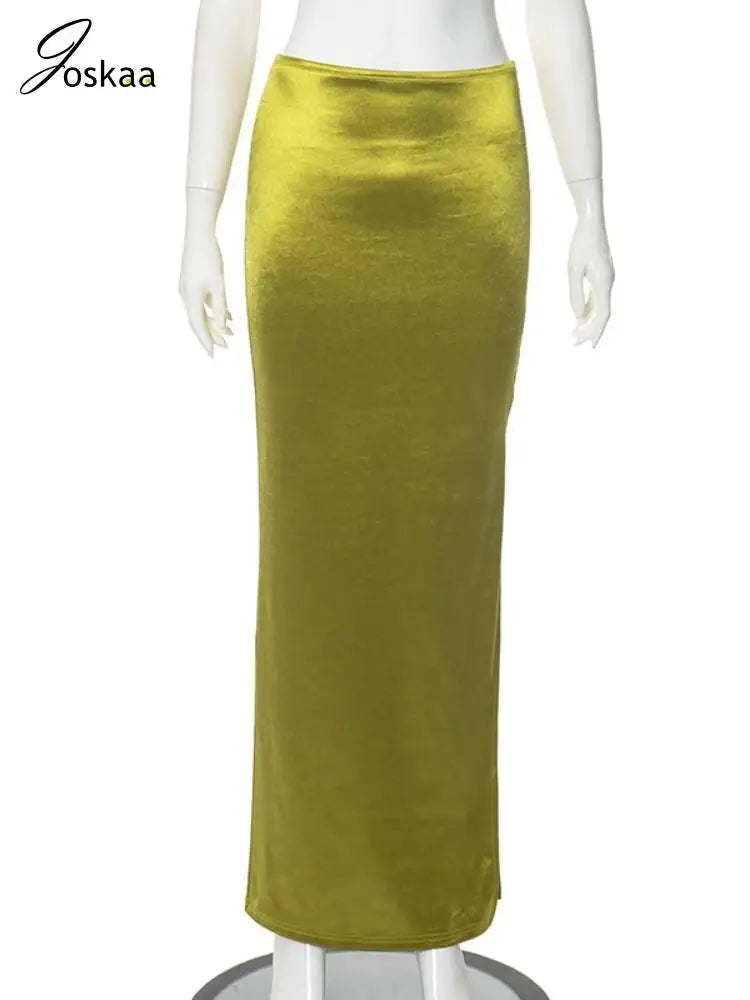 Joskaa Women's 2025 Summer Shiny High Waist Hip Skirt Sexy Side Slit Bodycon Maxi Skirts Luxury Evening Club Bottoms Beachwear