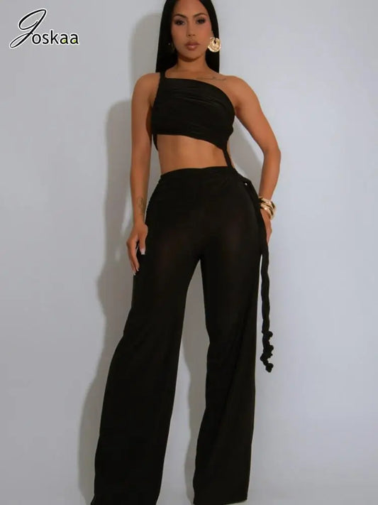 Joskaa 2025 Summer Women Sexy Cutout Halter Neck Backless Drawstrings Wide Leg Jumpsuit Beach Holiday Party Club Rompers S-XXL