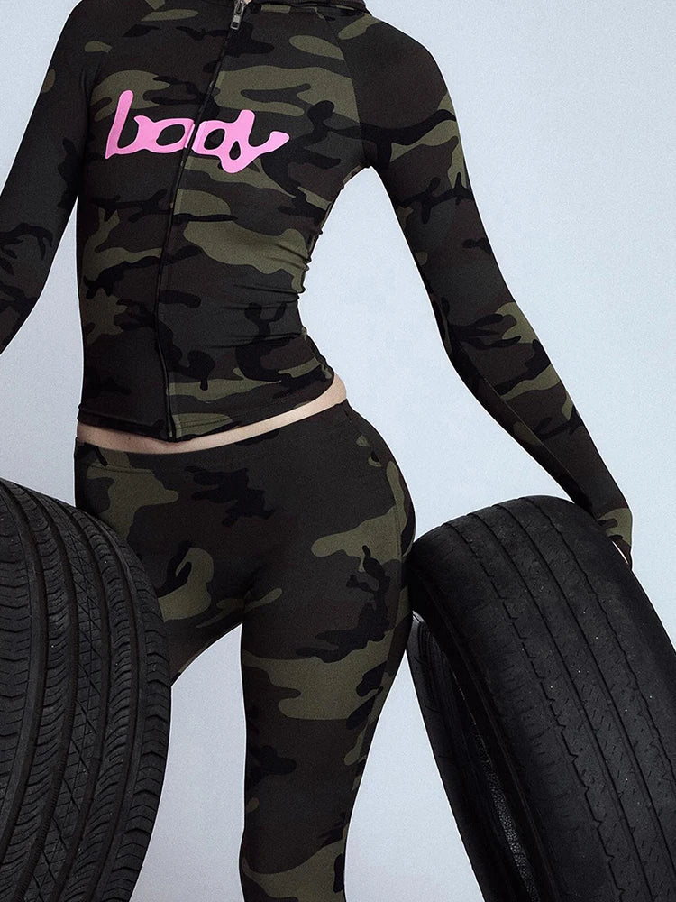 Sisterlinda Letter Print 2 Piece Set Women Zip Cardigan Hooded Crop Jacket+Skinny Leggings Hot Girls Wild Sporty Style Outfits