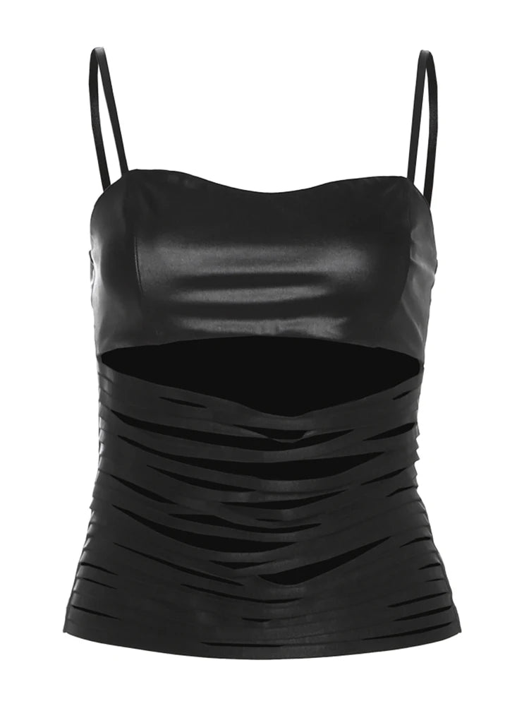 Weird Puss Faux Leather Camisole Tops Women Multi-Cutout Skinny Midnight Street 2025 Summer New Trend Hottie Versatile Mini Tops