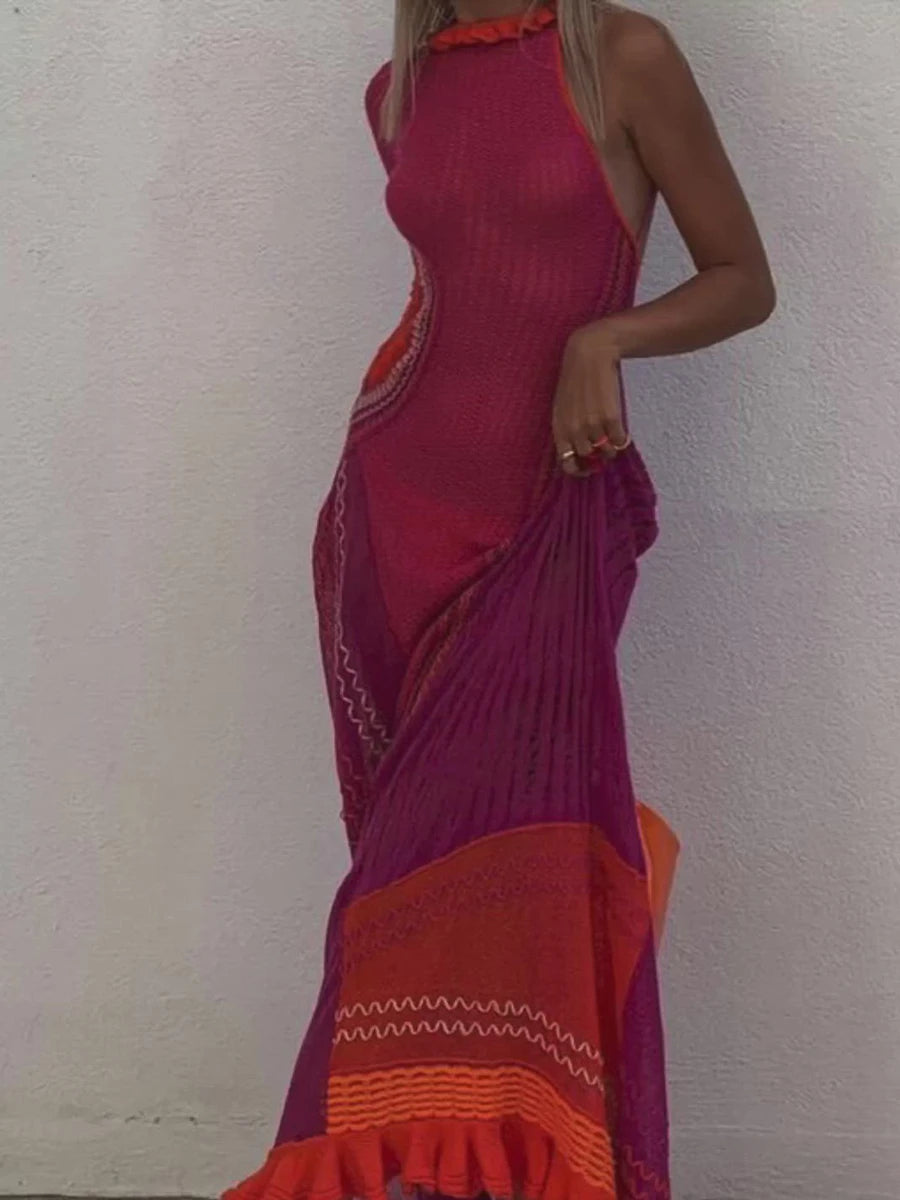 Contrast Color Hollow-Out Knit Beach Long Dress 2023 Summer See-Through One-Shoulder Long Sleeve Halter Tie-up Cover-Ups Dress