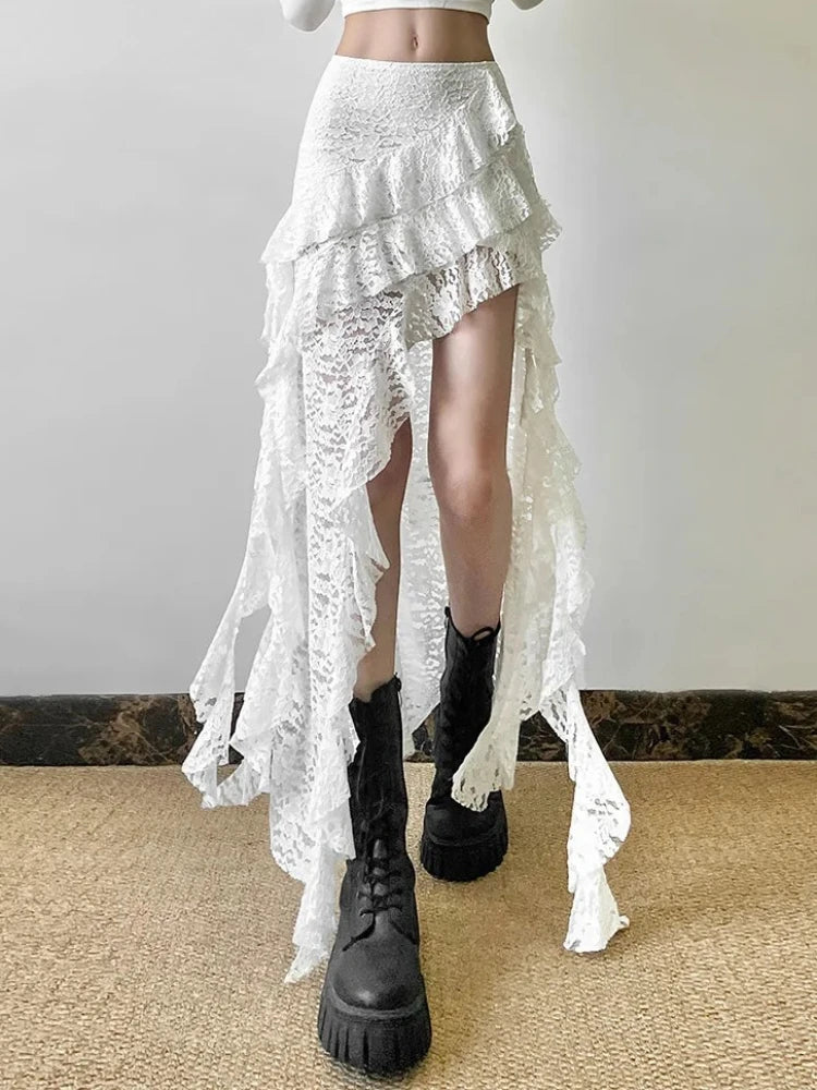 Summer Women Skirts Irregular Hem Multi-Layered Ruffles Lace Patchwork Sweet Trend Long Skirt Daily Skinny Versatile Bottoms New