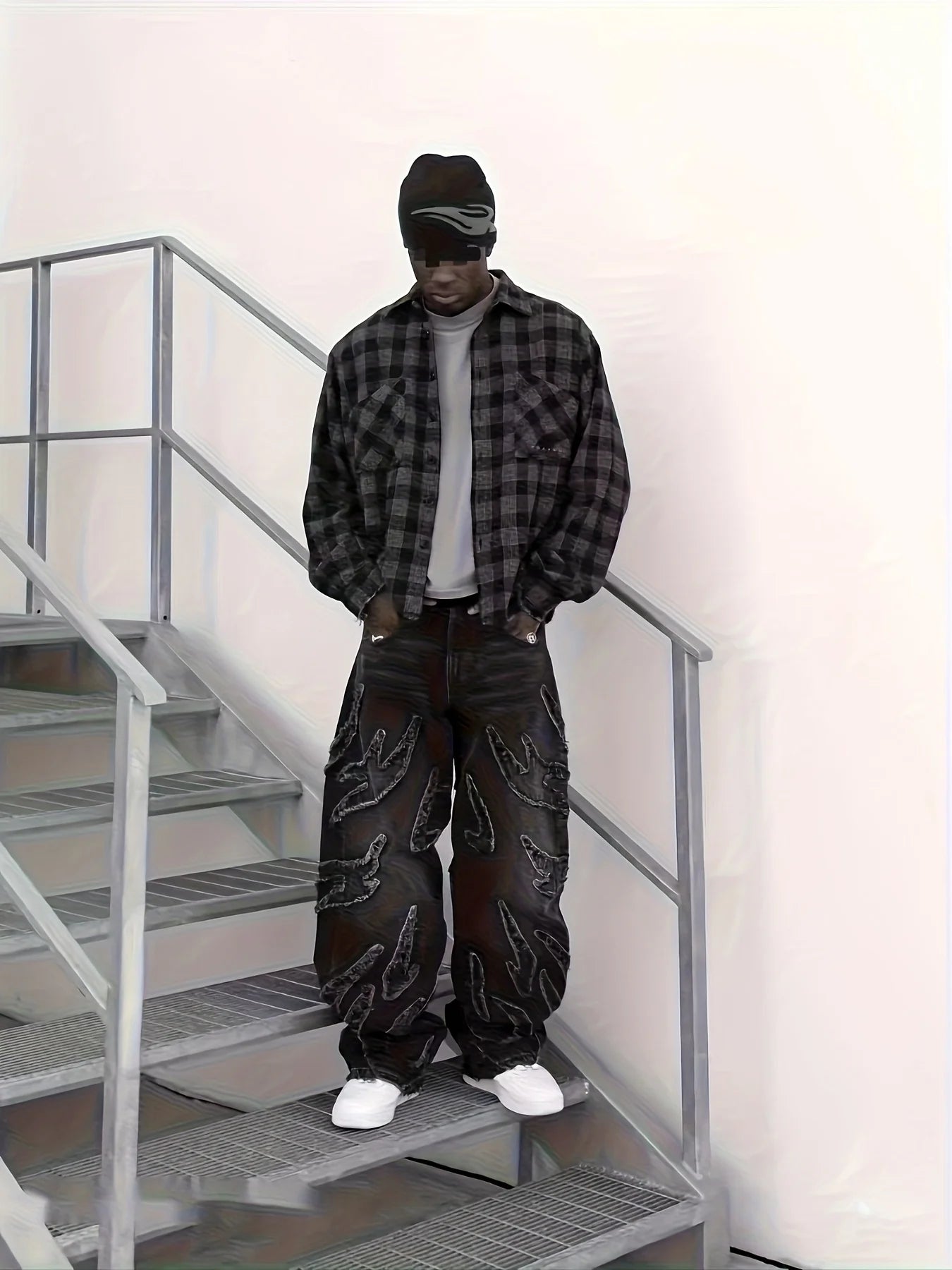 European and American Embroidered Street Graffiti Wide-Leg Jeans for Men, Loose Flame Vintage-Style Casual Trousers