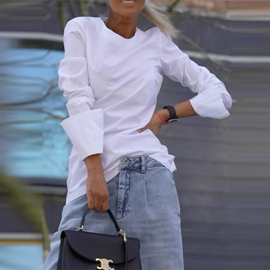 Krisstarsgirl 2025 New Casual T-shirts Blouse for Women Autumn Spring Long Sleeves Simple Cotton White Shits Tops for Woman