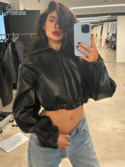 Joskaa Fashion Black Faux Leather Jackets Women Hipster Sexy Hooded Long Sleeve Zip-Up Crop Coats Autumn Outerwear Streetwear