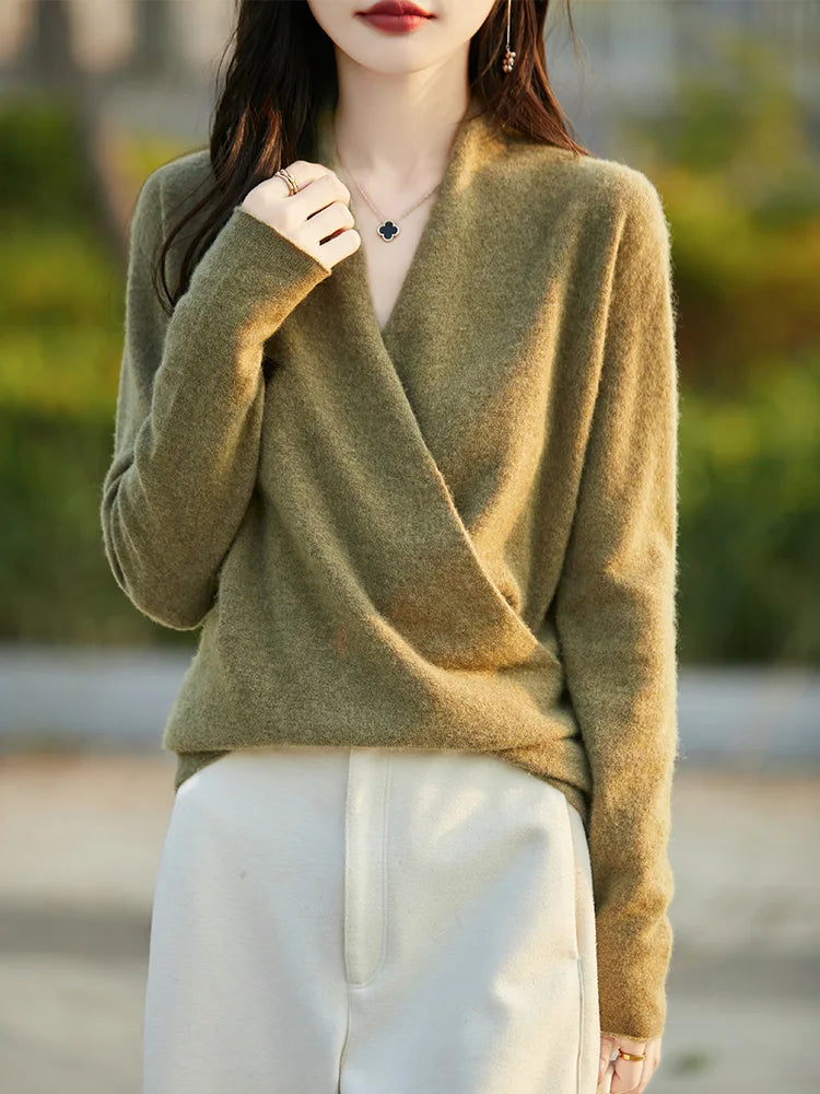 100% Merino Wool Knitwear Women's V-Neck Pullover Sweater Autumn Winter Female Grace Soft Clothes Long Sleeve Warm Fashion Tops