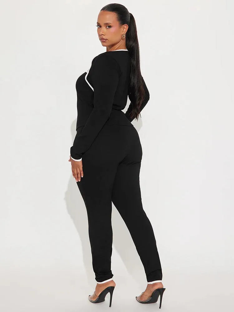 Weird Puss Casual Tracksuit 2-Piece Set Women White Edge Square Collar Crop Top+Leggings Fitness Stretch Slim Matching Outfits
