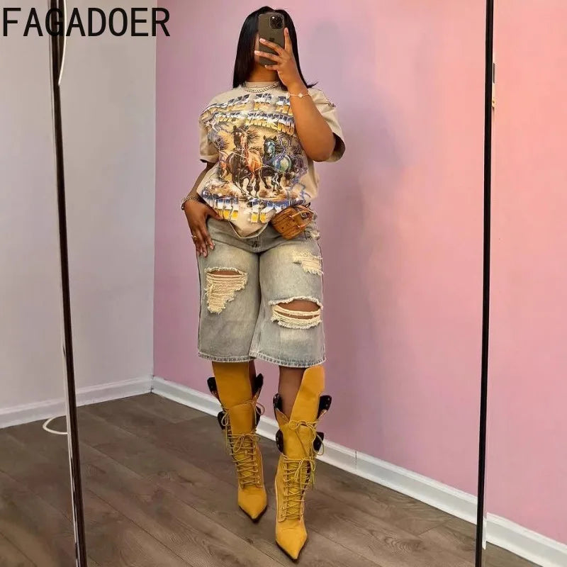FAGADOER Retro Casual Denim Straight-Leg Shorts Women Old Hole Patchwork Loose Cowboy Jeans Female Streetwear Bottoms 2025 New