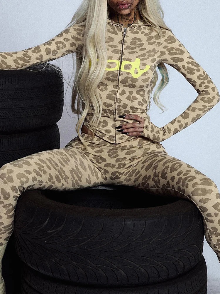 Sisterlinda Letter Print 2 Piece Set Women Zip Cardigan Hooded Crop Jacket+Skinny Leggings Hot Girls Wild Sporty Style Outfits