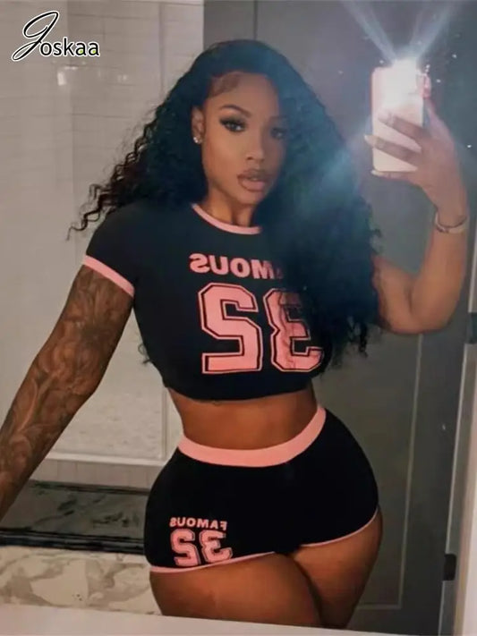 Joskaa Letter Print Sporty 2 Piece Set Women Hipster O-Neck Short Sleeve Crop Tops and Shorts Matching Tracksuits Y2K Streetwear