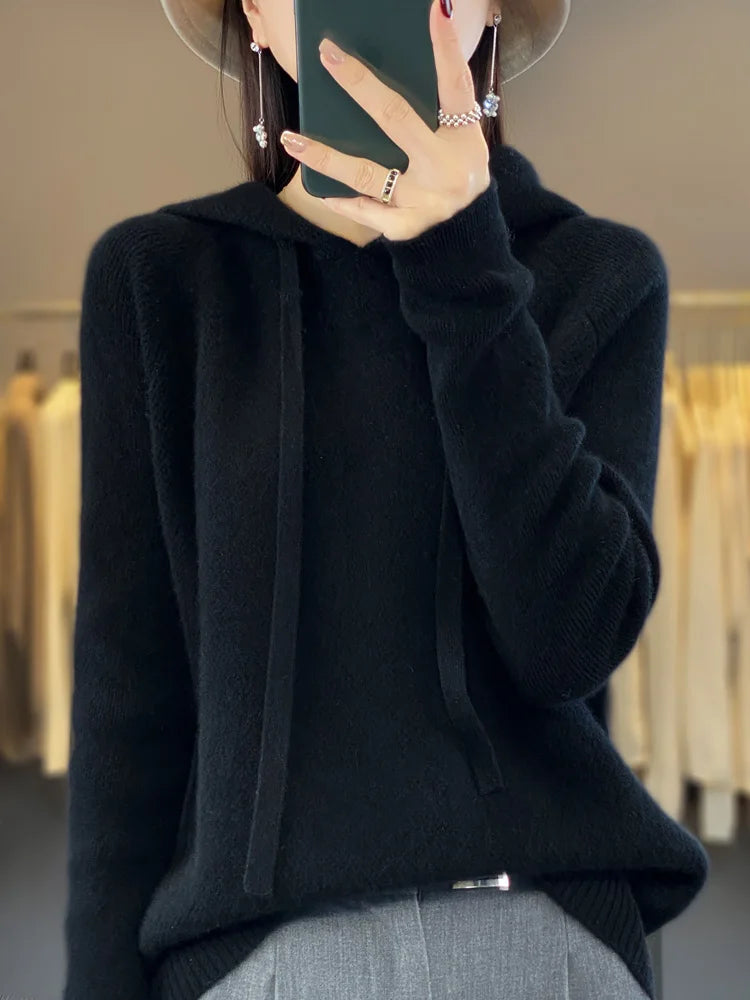 Autumn Winter Women's Cashmere Hooded Pullover Thick Sweater Raglan Sleeve 100% Merino Wool Knitwear Warm Casual Comfortable Top
