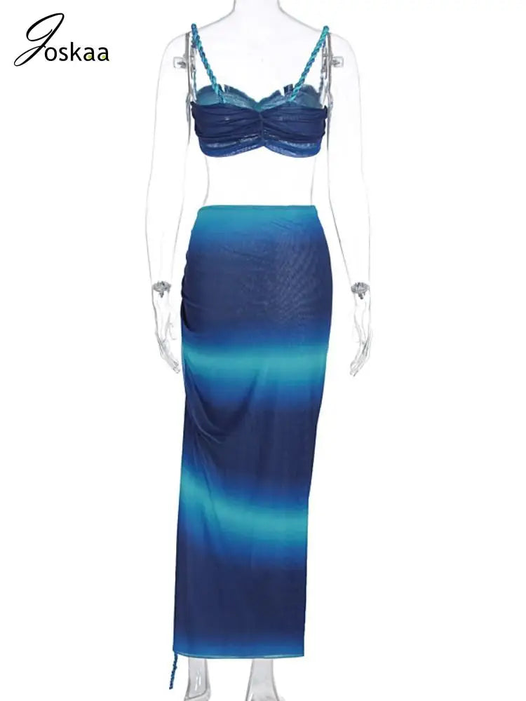 Joskaa 2025 Summer Women's Beach Style Two Piece Set Sexy Pleated Crop Camis and High Slit Maxi Skirt Matching Vacation Outfits