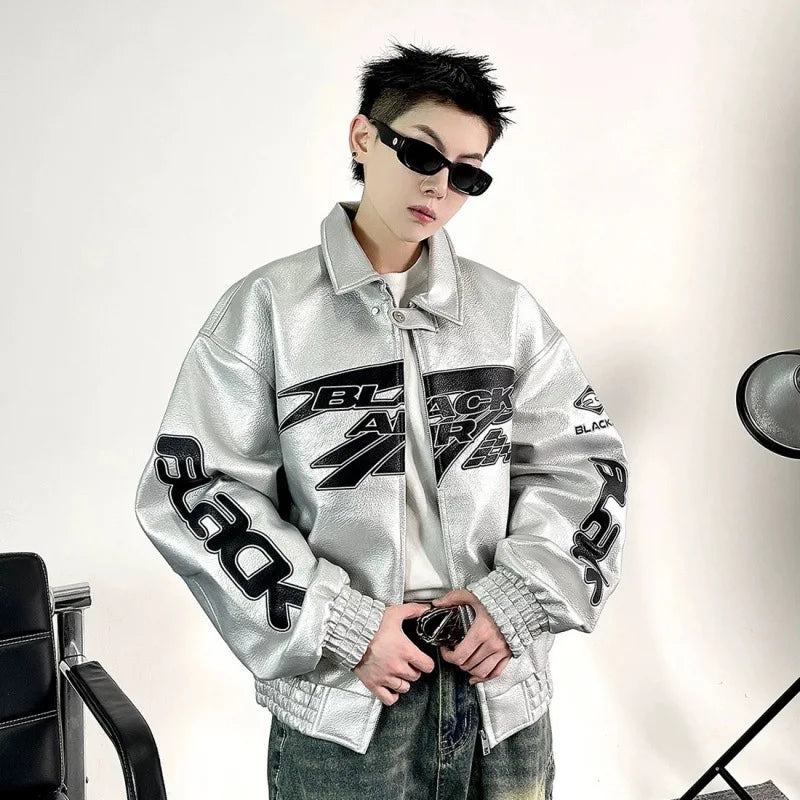 Heavy Duty Embroidered Men's Motorcycle Leather Jacket, Silver Edgy Aesthetic Windbreaker for Men, Autumn Fashion Mans Clothes