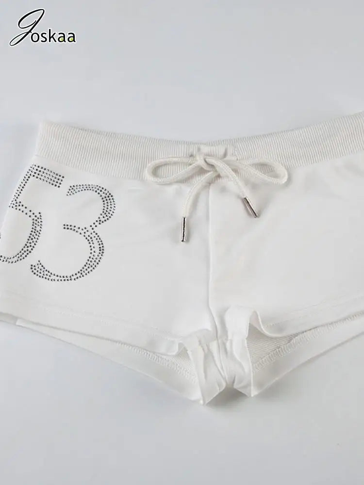 Joskaa Number Rhinestone Print Sports Shorts Women Hipster Drawstring Low Waist Slim Hot Pants 2025 Summer Harajuku Streetwear