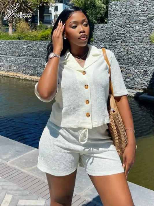 Joskaa Casual 2 Piece Set Women Concise Short Sleeve Button Shirts and Drawstring Shorts Matched 2025 Summer Vacation Streetwear