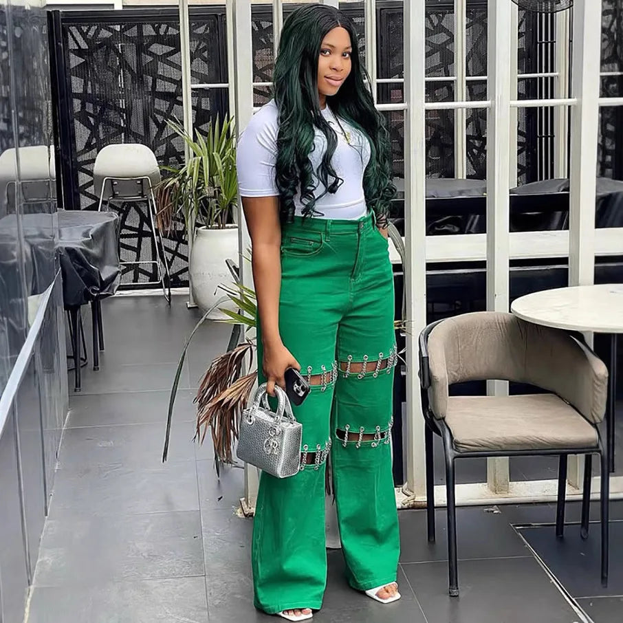 New Casual Empty Nail and Chain Stitching Jeans. Women's Spring Summer Fashion Solid-colored Loose High-waisted Wide-leg Jeans