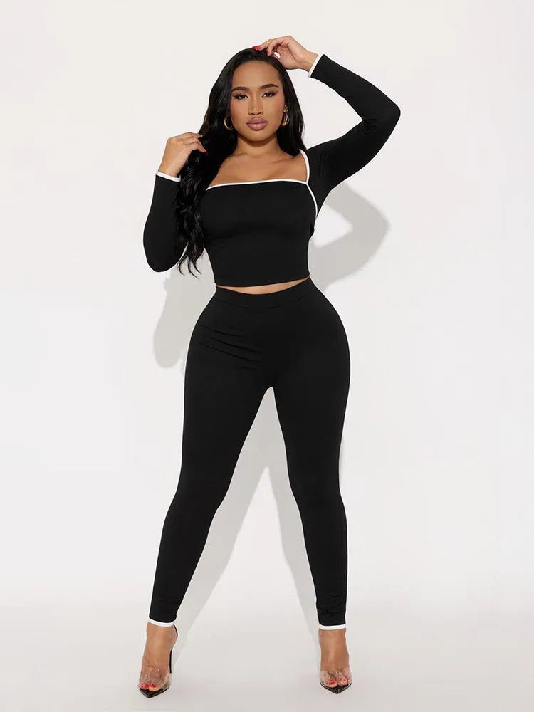 Weird Puss Casual Tracksuit 2-Piece Set Women White Edge Square Collar Crop Top+Leggings Fitness Stretch Slim Matching Outfits